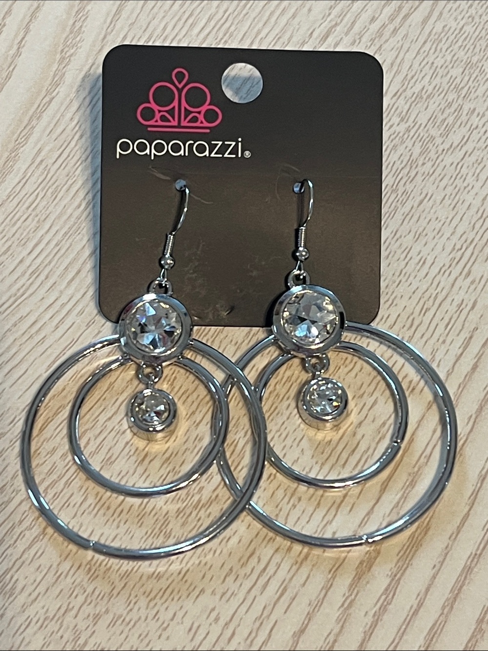 Paparazzi Silver Double Hoop Crystal Drop Earrings